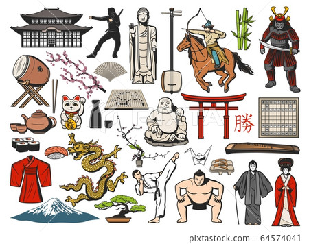 Japanese Fuji, sushi, Asian temple, geisha icons Japanese Fuji, sushi, Asian temple, geisha icons 64574041