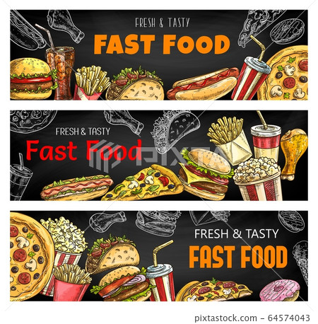 Sketch banners, fast food burgers and sandwiches - Stock Illustration ...