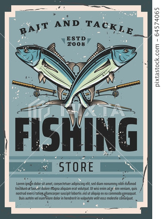 Fishing rod and tuna fish. Fisherman tackle poster Fishing rod and tuna fish. Fisherman tackle poster 64574065