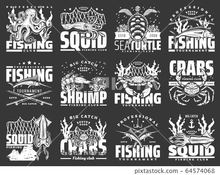 Crab seafood and tuna fish icons. Fishing sport Crab seafood and tuna fish icons. Fishing sport 64574068