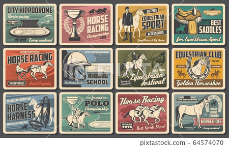 Horses and jockeys with trophy, saddle, horseshoes Horses and jockeys with trophy, saddle, horseshoes 64574070