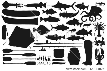 Fishing equipment and tackle with fish silhouettes Fishing equipment and tackle with fish silhouettes 64574074