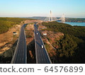 Empty streets amid coronavirus total lockdown in the Mega City. Aerial of Yavuz Sultan Selim Bridge, Istanbul. One of the longest railroad suspension bridges. Bridge towers are 3 30m high 64576899