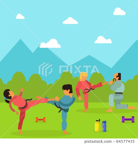 Karate training children character, martial art outdoor place exercise session flat vector illustration. National park area. 64577435