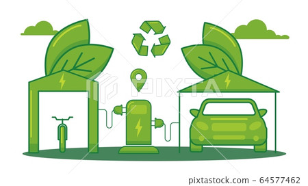 Electric refueling transport, eco friendly refill car isolated on white, flat vector illustration. Ecology clean energy, save surrounding environmental. Electric refueling transport, eco friendly refill car isolated on white, flat vector illustration. Ecology clean energy, save surrounding environmental. 64577462