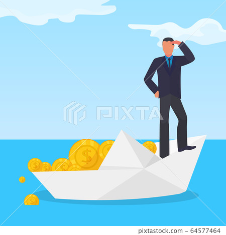 Drowning corrupt character male on white paper boat, stolen gold dollar coin flat vector illustration. Financial fraud scheme. Drowning corrupt character male on white paper boat, stolen gold dollar coin flat vector illustration. Financial fraud scheme. 64577464
