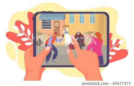 Street bullying teenagers, make online recording, hand hold mobile phone with video footage, isolated on white, flat vector illustration. Street bullying teenagers, make online recording, hand hold mobile phone with video footage, isolated on white, flat vector illustration. 64577477
