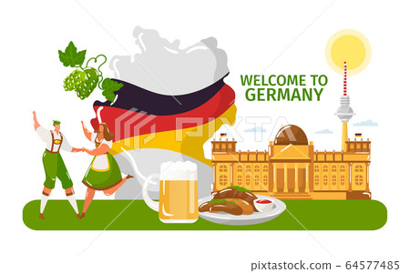 Welcome to Germany, people male, female in traditional cloth, dance isolated on white, flat vector illustration. National country flag. 64577485