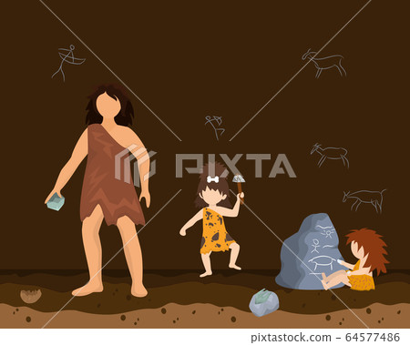 Prehistoric female character male primitive age, wildlife ancient time flat vector illustration. Woman defence family. Prehistoric female character male primitive age, wildlife ancient time flat vector illustration. Woman defence family. 64577486