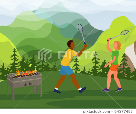 Modern international lovely couple date park picnic, female male pair play badminton game flat vector illustration. 64577492