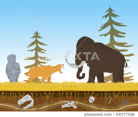 Prehistoric tiger attack ancient mammoth, character animal bite flat vector illustration. Wildlife nature beast predator and herbivorous. 64577506
