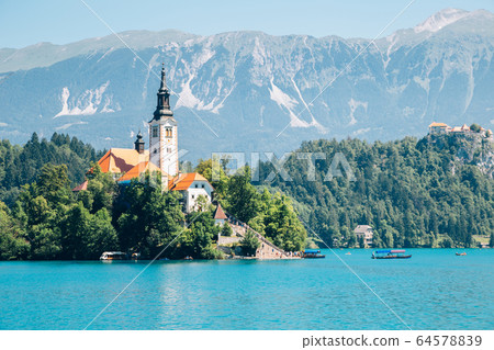Lake Bled, pilgrimage church of the assumption of maria in Slovenia Lake Bled, pilgrimage church of the assumption of maria in Slovenia 64578839