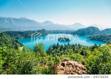Lake Bled panoramic view in Slovenia 64578856