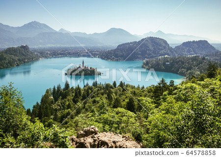 Lake Bled panoramic view in Slovenia 64578858