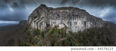 Aerial view of the Grotto of Maria Magdalena in France, Plan D'Aups, the massif St.Baum, holy fragrance, famous place among religious believers, the Monastery of Dominican Friars Aerial view of the Grotto of Maria Magdalena in France, Plan D'Aups, the massif St.Baum, holy fragrance, famous place among religious believers, the Monastery of Dominican Friars 64579123