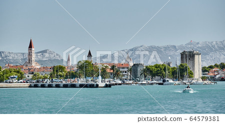 Seaview of Trogir, Croatia, cityscape from level of water, tower, boats Seaview of Trogir, Croatia, cityscape from level of water, tower, boats 64579381