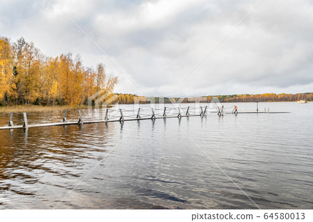 The Long pier on the lake, Terrace at the lake, the Autumn at the lake Boroye, Boats at a pier, Valday national park, Russia, panoramic image, golden trees, Wooden lodges, cloudy weather The Long pier on the lake, Terrace at the lake, the Autumn at the lake Boroye, Boats at a pier, Valday national park, Russia, panoramic image, golden trees, Wooden lodges, cloudy weather 64580013