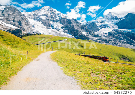 Snowy mountain and grass field at Jungfrau region in Switzerland 64582270
