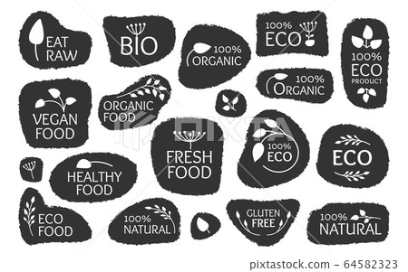 Eco black labels leaf bio vegan product vector set Eco black labels leaf bio vegan product vector set 64582323