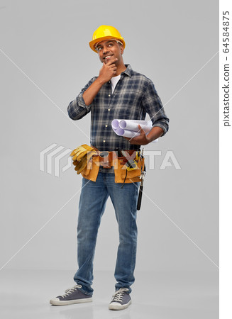 happy indian builder in helmet with blueprints 64584875