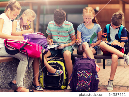 group of happy elementary school students outdoors 64587331
