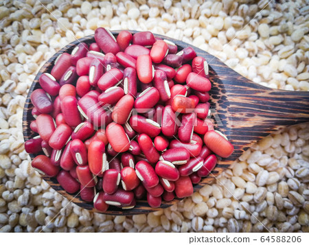 red kidney bean seed on wood spoon / grains or red kidney bean seed on wood spoon / grains or 64588206