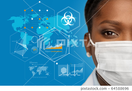 doctor in medical mask over world pandemia map doctor in medical mask over world pandemia map 64588696