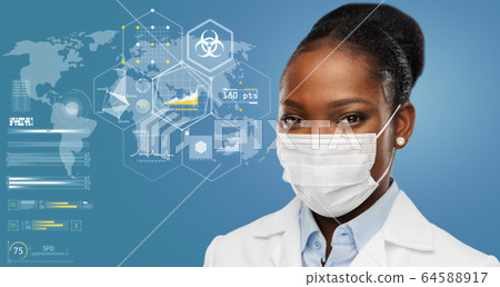 doctor in medical mask over world pandemia map doctor in medical mask over world pandemia map 64588917