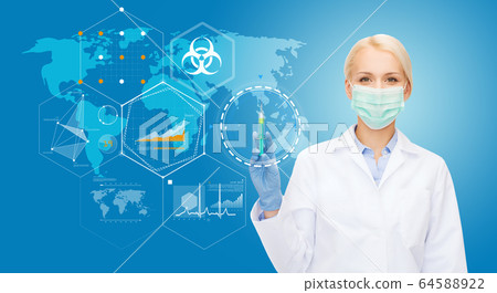 doctor in medical mask over world pandemia map 64588922