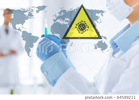 doctor with syringe over coronavirus pandemic map 64589211