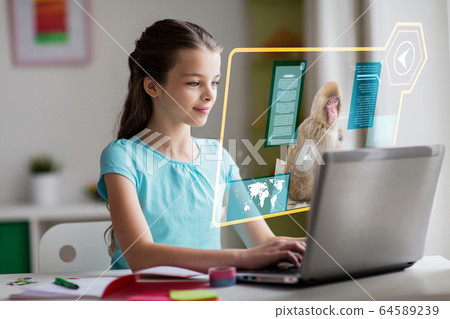 girl with laptop learning nature online at home girl with laptop learning nature online at home 64589239
