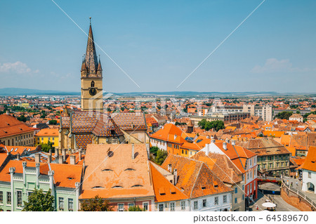 Lutheran cathedral of saint mary and old town from Council Tower in Sibiu, Romania 64589670