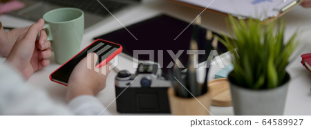 Close up view of businesswoman take one rest with 64589927