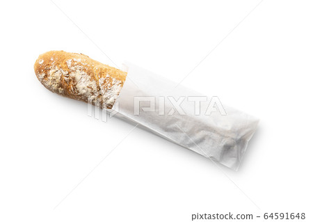 Fresh whole grain bread baguette in paper bag. Fresh whole grain bread baguette in paper bag. 64591648