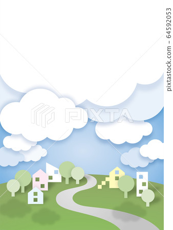 城市景觀與藍天，白雲，房屋和樹木_B1_Cityscape，在家中，城鎮，雲 64592053