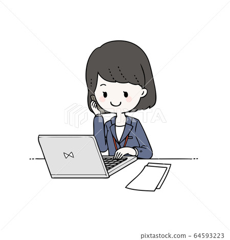 打電話時使用PC的辦公室女士的插圖 64593223