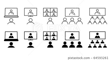 黑色和白色的視頻會議遠程辦公遠程辦公圖標說明 64593261