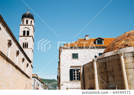 Old town Stradun street, Franciscan Church and Monastery and Large Onofrio's Fountain in Dubrovnik, Croatia Old town Stradun street, Franciscan Church and Monastery and Large Onofrio's Fountain in Dubrovnik, Croatia 64594571
