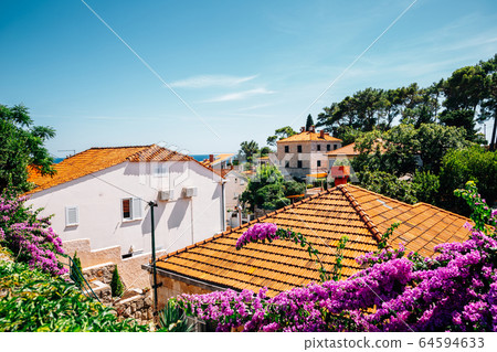 Orange roof houses with flowers in Dubrovnik, Croatia 64594633