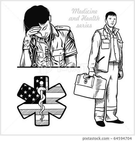 Tired nurse with stethoscope. Paramedic. Medical symbol of the Emergency. Vector illustration isolated 64594704