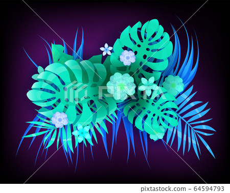 Summer trendy neon tropical leaves exotical plants palm jungle leaf. Trending colors on dark background template banner. Vector illustration isolated 64594793