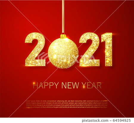 Realistic 2021 golden numbers and festive try toy on red background. Vector holiday illustration. Happy New 2021 Year. New year ornament. Decoration element with tinsel Realistic 2021 golden numbers and festive try toy on red background. Vector holiday illustration. Happy New 2021 Year. New year ornament. Decoration element with tinsel 64594925