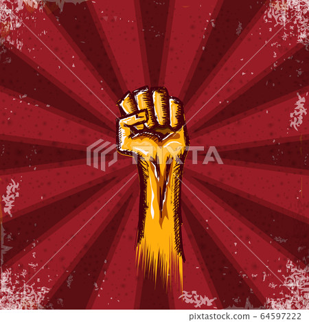 Vectro orange protest fist isolated on red grunge background with rays. 1 may Labor day concept illustration with hand drawn doodle rised fist in the air. Mayday graphic banner design template Vectro orange protest fist isolated on red grunge background with rays. 1 may Labor day concept illustration with hand drawn doodle rised fist in the air. Mayday graphic banner design template 64597222
