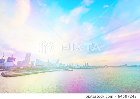 橫濱港區未來，晚上，動漫風格 64597242