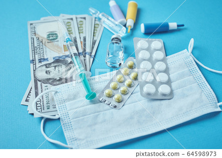 Pills, protective mask, medical items and dollar 64598973