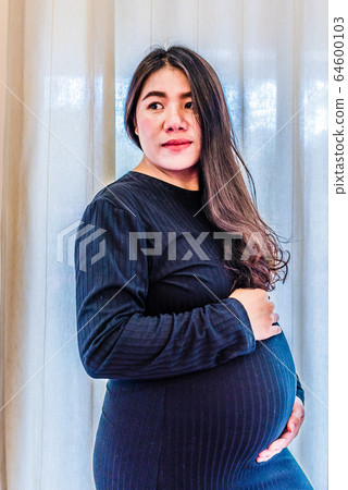 Pretty young pregnant woman standing by the window in room.Concepts of pregnancy and family Pretty young pregnant woman standing by the window in room.Concepts of pregnancy and family 64600103
