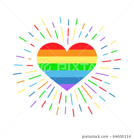 Heart with rays rainbow colors. Colored vector illustration of striped heart isolated on white background. Ideas for holiday designs, greeting cards, holiday prints, designer packaging, icon, logo. 64600114