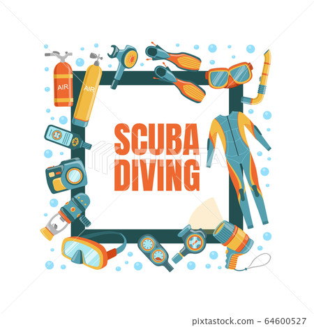 Scuba Diving Banner Template with Diving Professional Equipment, Water Active Sport, Summer Vacation Vector Illustration Scuba Diving Banner Template with Diving Professional Equipment, Water Active Sport, Summer Vacation Vector Illustration 64600527