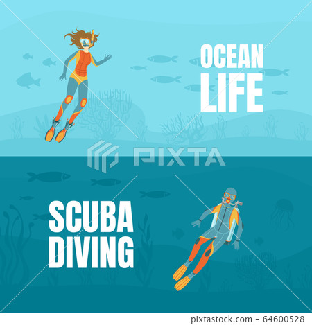 Scuba Diving, Ocean Life Banner Template, Water Active Sport, Summer Vacation Vector Illustration Scuba Diving, Ocean Life Banner Template, Water Active Sport, Summer Vacation Vector Illustration 64600528