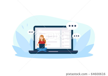 Giant Laptop, Tiny Young Woman Sitting with Crossed Legs and Working with Computer Vector Illustration Giant Laptop, Tiny Young Woman Sitting with Crossed Legs and Working with Computer Vector Illustration 64600616